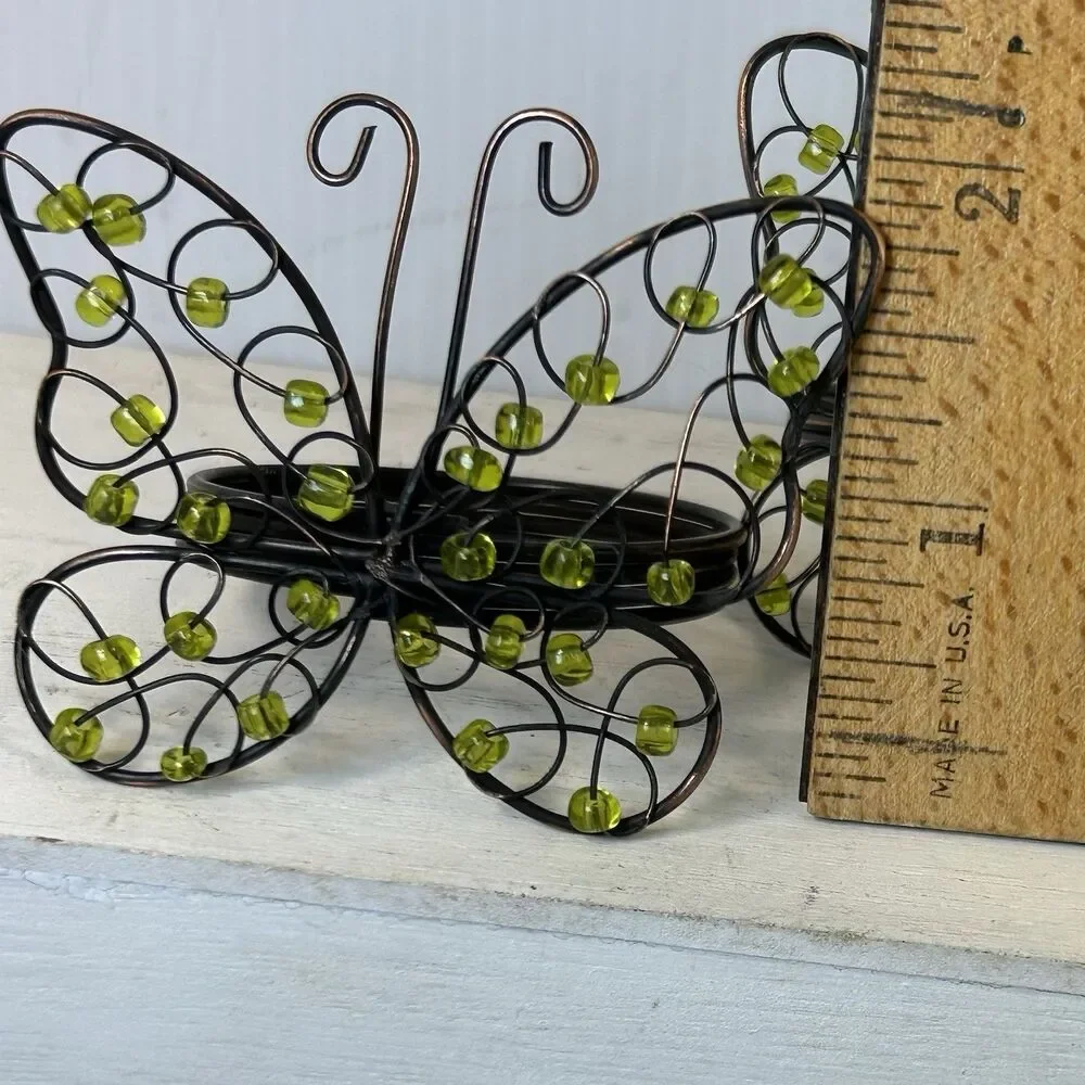 Set of 4 Butterfly Napkin Rings Green Beads Brown Wire Spring Table Decor